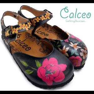 Calceo Goby Black multicoloured floral flower sandal clogs Sz 38 NWOB